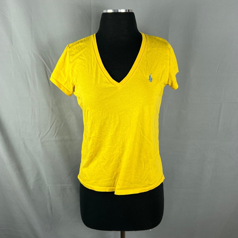 Polo Ralph Lauren Athletic T Shirt Womens S Yellow Pony Logo V Neck Resort Wear